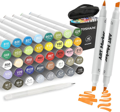 40 Colors Alcohol Markers - Double Tip Art Markers Alcohol Based Marker Brush&Chisel Nib Blender Art Pens Permanent Sketch Marker for Kids Adults Coloring and Artist Illustration