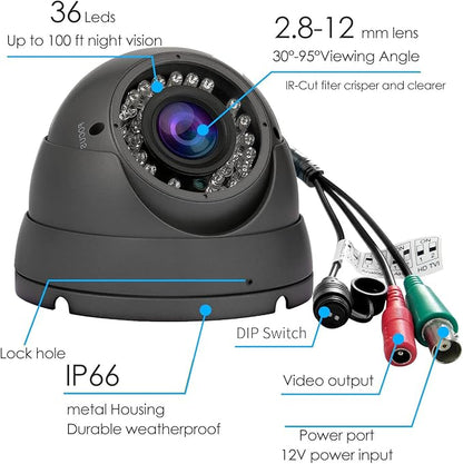 2MP CCTV Camera HD 1080P 4-in-1 (TVI/AHD/CVI/960H/CVBS) Security Dome Camera, 2.8-12mm Varifocal Lens Analog Video Surveillance, Wide Angle Viewing Day & Night Indoor Outdoor Waterproof (Grey)