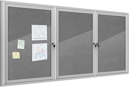 70"x34" Enclosed Bulletin Board, Outdoor Lockable Weather-Resistant Aluminum Cork Noticeboard for School & Office, Silver Frame w/Grey Flet