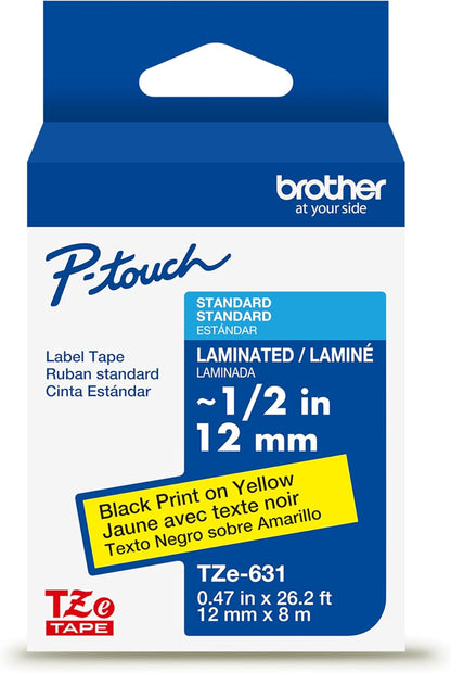 Brother Genuine P-Touch TZE-631 Tape, 1/2" (0.47") Standard Laminated P-Touch Tape, Black on Yellow, Laminated for Indoor or Outdoor Use, Water Resistant, 26.2 Feet (8M), Single-Pack