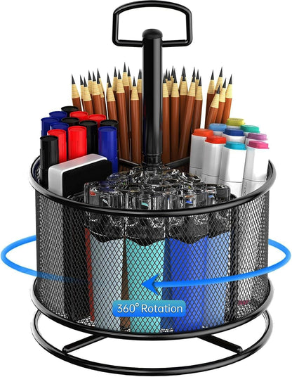 360-Degree Rotating Pen Holder for Desk, Mesh Pencil Organizer Multi-Functional Pen Holder, 4 Compartments Desktop Stationary Organizer, Home Office Black