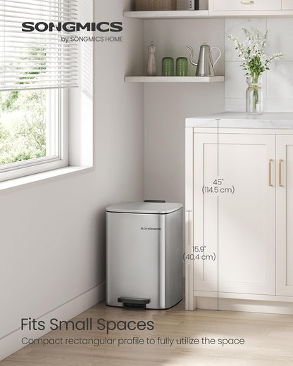 SONGMICS Kitchen Trash Can, 5.2-Gallon (20 L) Trash Bin, Stainless Steel Garbage Can, with Inner Bucket, Soft Close and Stays Open, Metallic Silver ULTB592E01