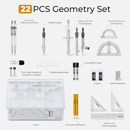 Nicpro 22 PCS Compass Geometry Tools with Case, Drafting Tools Geometry Set with Swing Arm Protractor, Rulers, Metal Compass, Divider, Square Set, Pencil, Back to School Supplies for Students Kids
