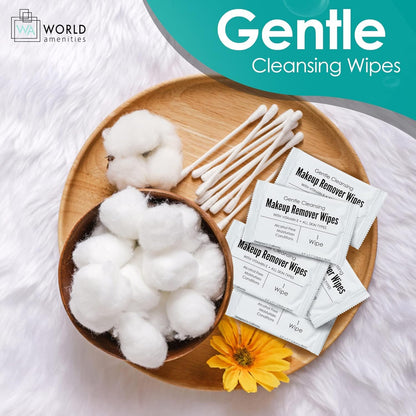 Bulk Makeup Remover Wipes | 500 Count| Individually Wrapped, Gentle Cleansing, Alcohol Free - All Skin Types - Vitamin E - 100% Recyclable, Hotel Travel Size Toiletries