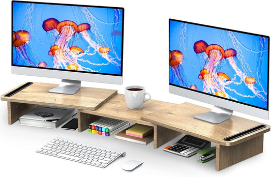 Zimilar Dual Monitor Stand Riser, Monitor Stand with Adjustable Length and Angle, Wood Monitor Stand for Desk, Monitor Riser for 2 Monitors with Storage Space