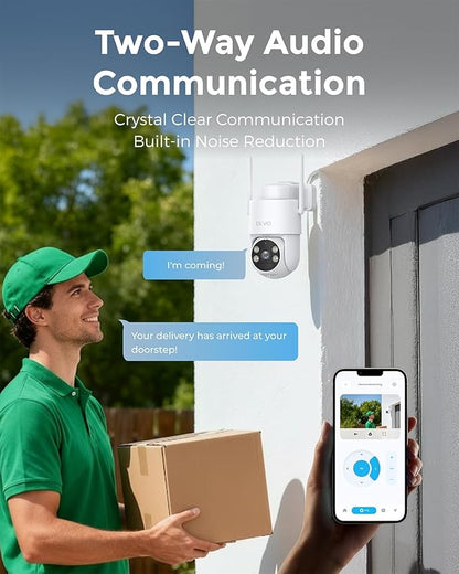 Devo Solar Security Camera Wireless Outdoor, 2.3K HD 360° PTZ Color Night Vision, AI/PIR Human Detection, 2-Way Audio, Solar & Battery Powered, WiFi 6, IP66 Waterproof, Triple Alert System White