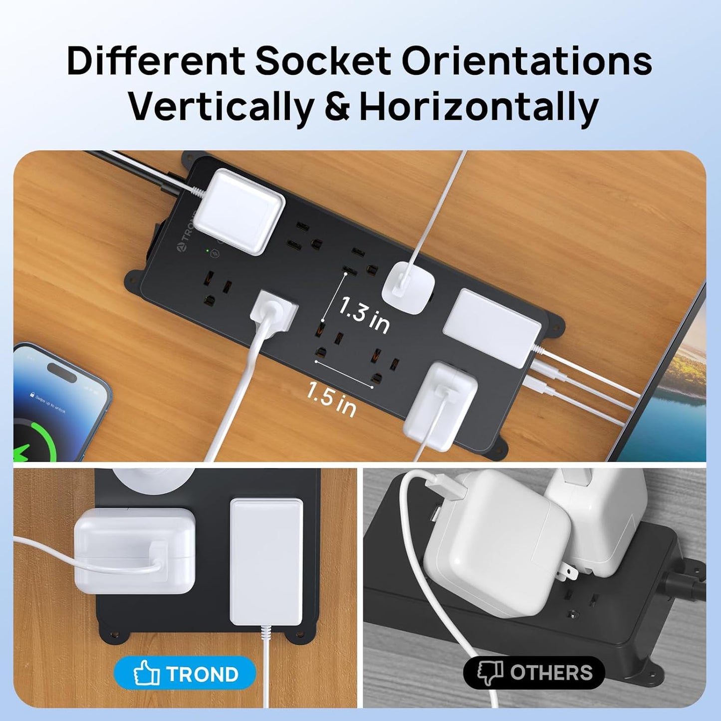 TROND Power Strip Surge Protector, Flat Plug 15ft Long Extension Cord, 10 Widely Spaced AC Outlets, 2 USB A & 2 USB C Ports, 4000J, ETL Listed, Wall Mountable, for Home Office Entertainment, Black