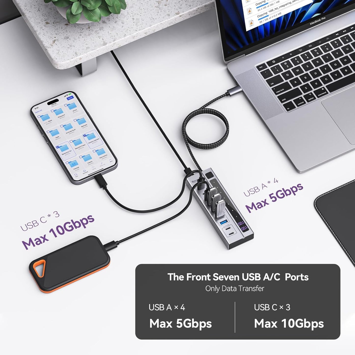 Minisopuru Powered USB C Hub – Support Max 45W Charging with 65W USB-C Power Adapter, 10Gbps, USBC Hub Charging for Meta Quest Pro, Steam, iPad Pro, iPhone, Watch (Not for Monitor)