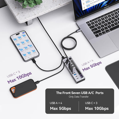 Minisopuru Powered USB C Hub – Support Max 45W Charging with 65W USB-C Power Adapter, 10Gbps, USBC Hub Charging for Meta Quest Pro, Steam, iPad Pro, iPhone, Watch (Not for Monitor)