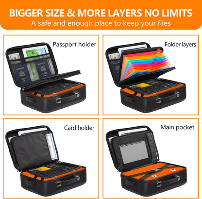 Fireproof Document Box with Lock, Portable Water Resistant File Organizer with Hard Case, 16" x 12"x 6" Home Travel Office Safe Storage for Important Documents, Passports, Laptop, Black