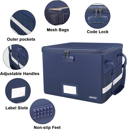 ENGPOW File Box with Lock, Fireproof Document Box with Zipper＆Pockets, Collapsible File Organizer Filing Storage Cabinet with Handle, Portable Home Office Safe for Hanging Letter/Legal Folder, Blue