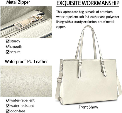 Laptop Bag for Women Waterproof Lightweight Leather 15.6 Inch Computer Tote Bag Business Office Briefcase Large Capacity Handbag Shoulder Bag Professional Office Work Bag Beige