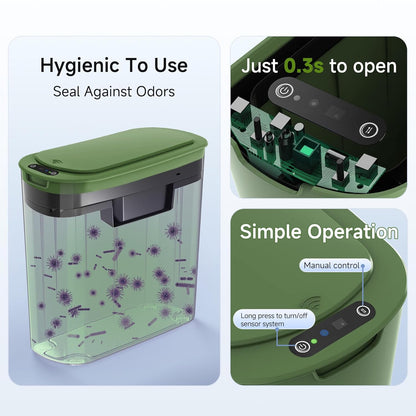 Automatic Motion Sensor Bathroom Trash Can with Lid, 2.6 Gallon Touchless Trash Bin, Smart Garbage Can Plastic Slim Wastebasket for Bedroom, Office, Dorm (Green)