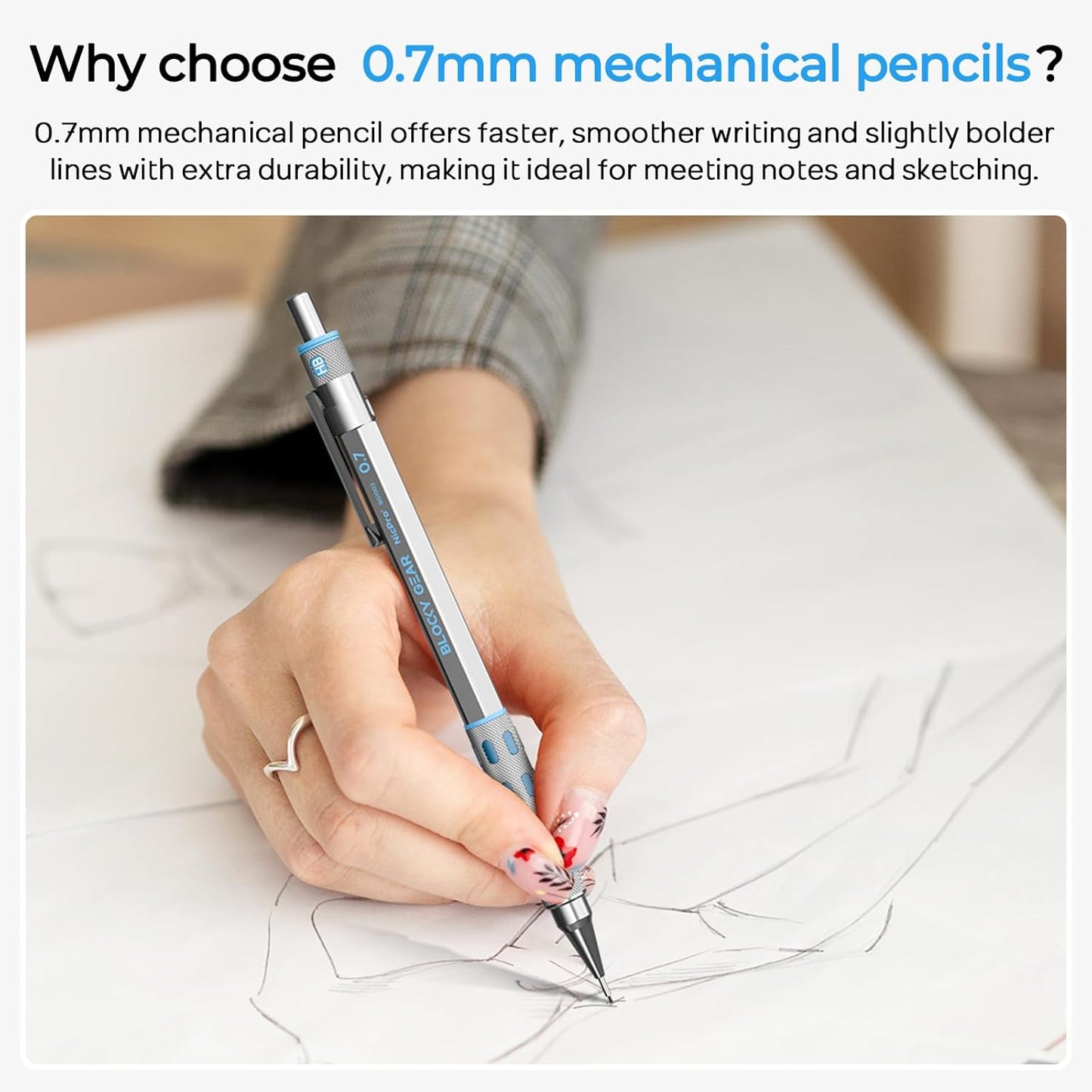 Nicpro 3 Pack Blocky Gear 0.7 mm Metal Mechanical Pencils Set with Case, Lead Drafting Pencil with 8 Tube (480PCS) Lead Refills(HB 2B), 4 Erasers, 18 Eraser Refills for Art Writing, Sketching Drawing