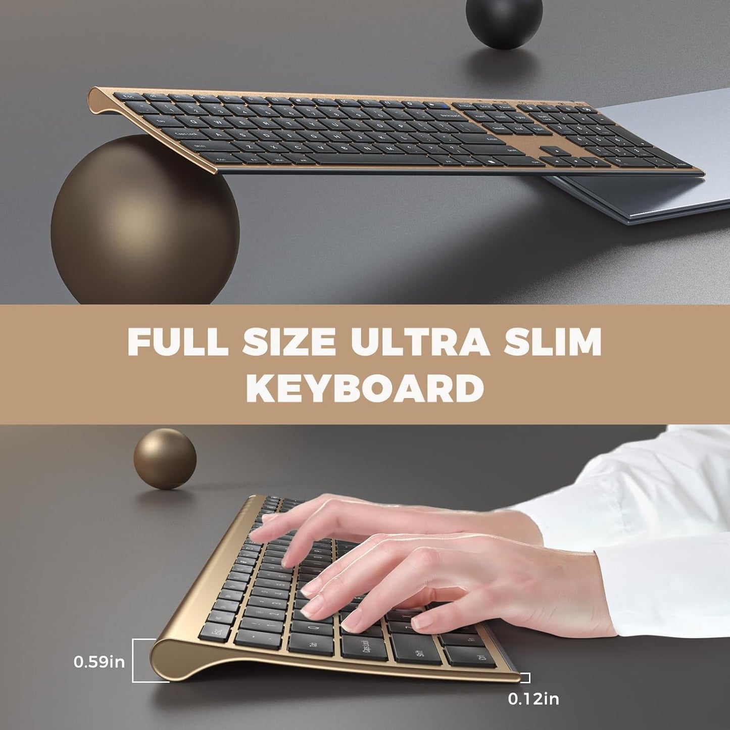 Wireless Keyboard and Mouse, Vssoplor 2.4GHz Rechargeable Compact Quiet Full-Size Keyboard and Mouse Combo with Nano USB Receiver for Windows, Laptop, PC, Notebook-Black Gold