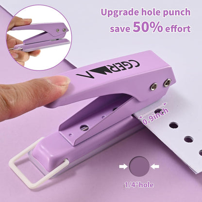 Single Hole Puncher, 1/4" Hole, 50% Labor Savings, Heavy Duty Metal Punch, 15 Sheet Capacity, for ID Cards, Chipboard, Art Project, Crafts Easy Punching, Purple
