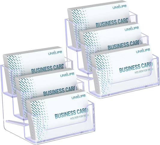 Uniclife 2 Pack Acrylic Business Card Holder for Desk 3 Slots Clear Business Card Display Stand for Men & Women Desktop Business Card Organizer Card Stand for Office Home Exhibition, 180 Card Capacity