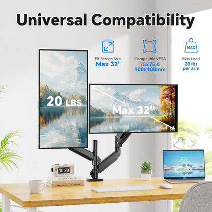 Simple Trending Dual Monitor Stand, Full Adjustable Monitor Mount, Gas Spring Monitors Arm for 13-32 inch Computer, VESA Mount with C-clamp & Grommet Mounting Holds Max 20 lbs Each, Freelift Black