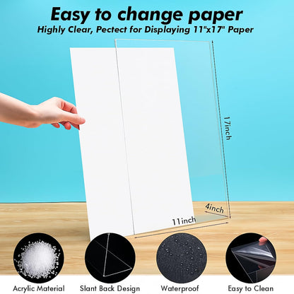 Qilery 2 Pcs 11 x 17 Inch Acrylic Sign Holder Clear Display Stand Frame Table Top Slant Back Plastic Sign Holder Flyer Document for Menu Workers Teachers Office School Desktop