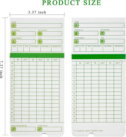 Zzrywuty All Pay Periods, 300 Count Time Cards for Hn3000, 2-Sided, 3 3/8" x 7 3/8", Green