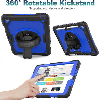 SEYMAC stock Case for iPad 9th/ 8th/ 7th Generation 10.2'', Shockproof with Screen Protector, Pencil Holder [360° Rotating Hand Strap] & Stand, for iPad 10.2 inch 2021-2019 (Blue+Black)
