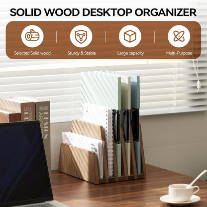 KIRIGEN Wooden Desk Mail Organizer 5 Slots File Paper Holder Desktop Wood Document Letter Holder Organizer for Home Office Dark Brown (5KWJJ-DBR)