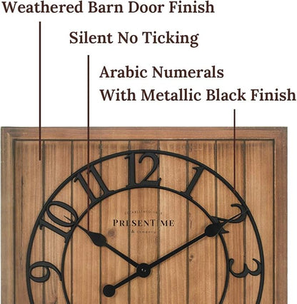 Presentime & Co 21" Farmhouse Square Shiplap Barn Door Wood Clock - Fir, Arabic Numeral. Home Decoration/Wall Decoration/Farmhouse Décor for Living Room, Dining Room, and Entryway.