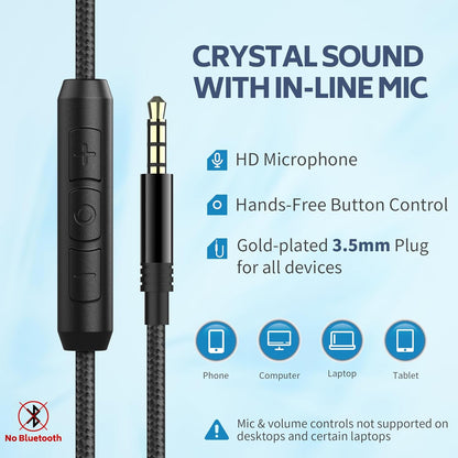 AC01 Over-Ear Headphones Wired, Passive Noise Isolating Corded Stereo Headsets with Mic Volume Control for Adults Teens 3.5mm for Chromebooks, Laptop, Computer, Tablets, Travel (Black Blue)