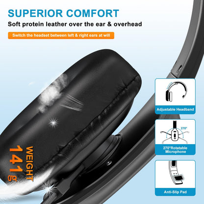 Bluetooth Headset, 60hrs Noise Canceling V5.2 Over Head Headphones, Single Ear Trucker Wireless Headset with Mic, Mute Button, Multipoint, for Phones PC Computer Truck Driver Office Work - Black