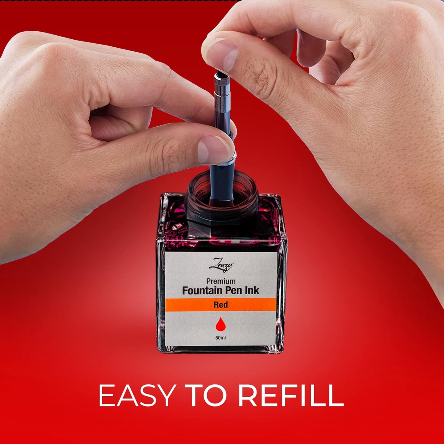 ZenZoi Fountain Pen Ink Bottle 50ml | Premium Designed Bottled Ink for Fountain Pens – Suitable for Calligraphy and All Branded Pens | Quick Drying and Smooth Flow Writing Experience (Red)