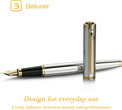 BEILUNER Silver Chrome Fountain Pen,Stunning Luxury with 24K Gold Accents, Gorgeous 24K Gilded Nib(Fine), Trustworthy Pen Gift for Men&Women -Ink Converter-Elegant, Graduation,Nice Pen for Writing