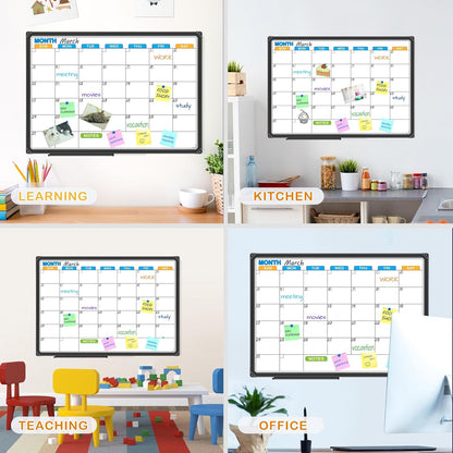 JILoffice Dry Erase Calendar Whiteboard - Magnetic White Board Calendar Monthly 24 X 18 Inch, Black Aluminium Frame Wall Mounted Board for Office Home and School