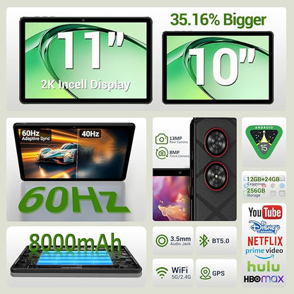 2025 Tablet 11 inch Android 15 Tablets with Keyboard Stylus Mouse: 2K IPS Tablette (2000x1200), 36GB+256GB(2TB TF), 5G/2.4G Dual WiFi, 8-Core 1.6GHz, 8000mAh,8+13MP, BT5.0/GPS-Black