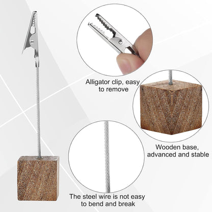 20 Pcs Cube Base Memo Clip Holder with Alligator Clip Wood Table Number Holder Cube Base Place Card Stand Mini Photo Menu Stand for Displaying Number Card(Wood Color)