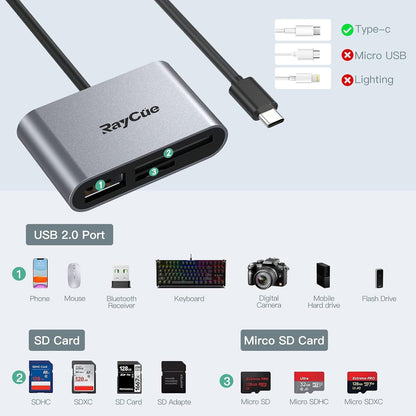 RayCue USB C SD Card Reader Adapter, Type C Micro SD TF Card Reader Adapter, 3 in-1 USB C to USB Camera Memory Card Reader Adapter for iPhone 15,New Pad Pro MacBook Pro/Air, and More UBC C Devices