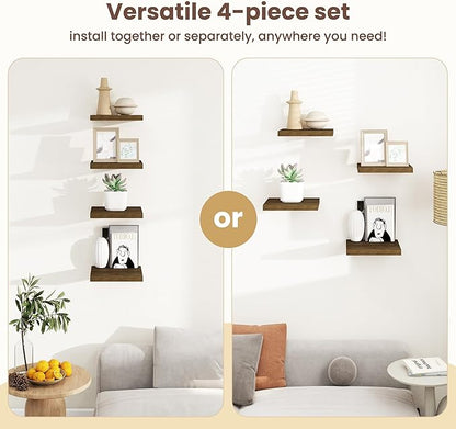 Fun Memories Square Floating Shelves for Wall - 12 Inch Deep Floating Shelves with Invisible Brackets, Brown Small Wall Shelf for Living Room, Bathroom, Bedroom, and Kitchen Decor，Set of 4