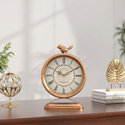 Vintage Table Clock with Bird, European Antique Style Gold Mantel Clocks, Desk and Shelf Decor Clock, for Farmhouse, Bedside, Living Room, Bedroom, Gift (9" H x 6.5" W)