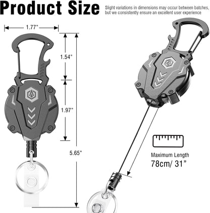 2Pack Heavy Duty Retractable Keychain, Tactical ID Badge Holder Reel Carabiner Clip with Magnetic Closure for Men, Unbreakable Sandwich Construction with 31" Dyneema Cord, Bearing 25oz