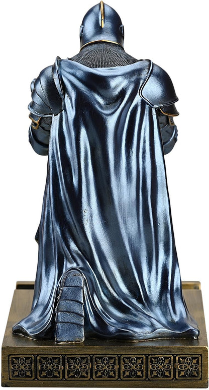 Medieval Armored Warrior Wearing Outerwear, Mobile Phone Stand Knight Pen Holder Desk Organizers, Resin Bookends Paperweight with a Letter Opener for Desk (Blue)
