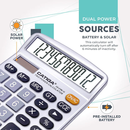 CATIGA 12 Digits Desktop Calculator with Large LCD Display, Dual Solar Power and Battery, Standard Function for Office, Home, School, CD-2786