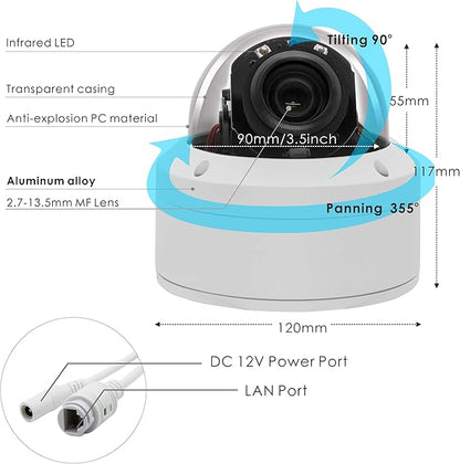 H.265 HD 1080P Security POE PTZ Dome Camera, Hikvision Compatible Indoor/Outdoor 2.7-13.5mm Motorized Lens 5X Zoom, Audio in,Pan 355° Tilt 90°, Waterproof IP66 98ft Night Vision,Motion Detection