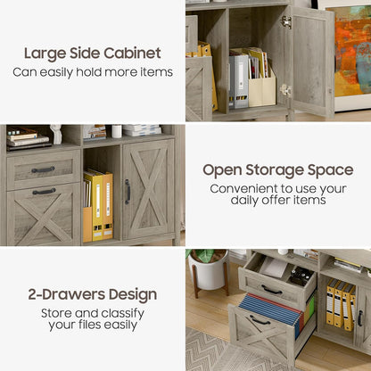 Lateral File Cabinet with 2 Drawers and Door, Farmhouse File Cabinet for A4/Letter Size Hanging Files, Large Wood File Storage Cabinets Printer Stand with Open Space for Home Office Furniture, Grey