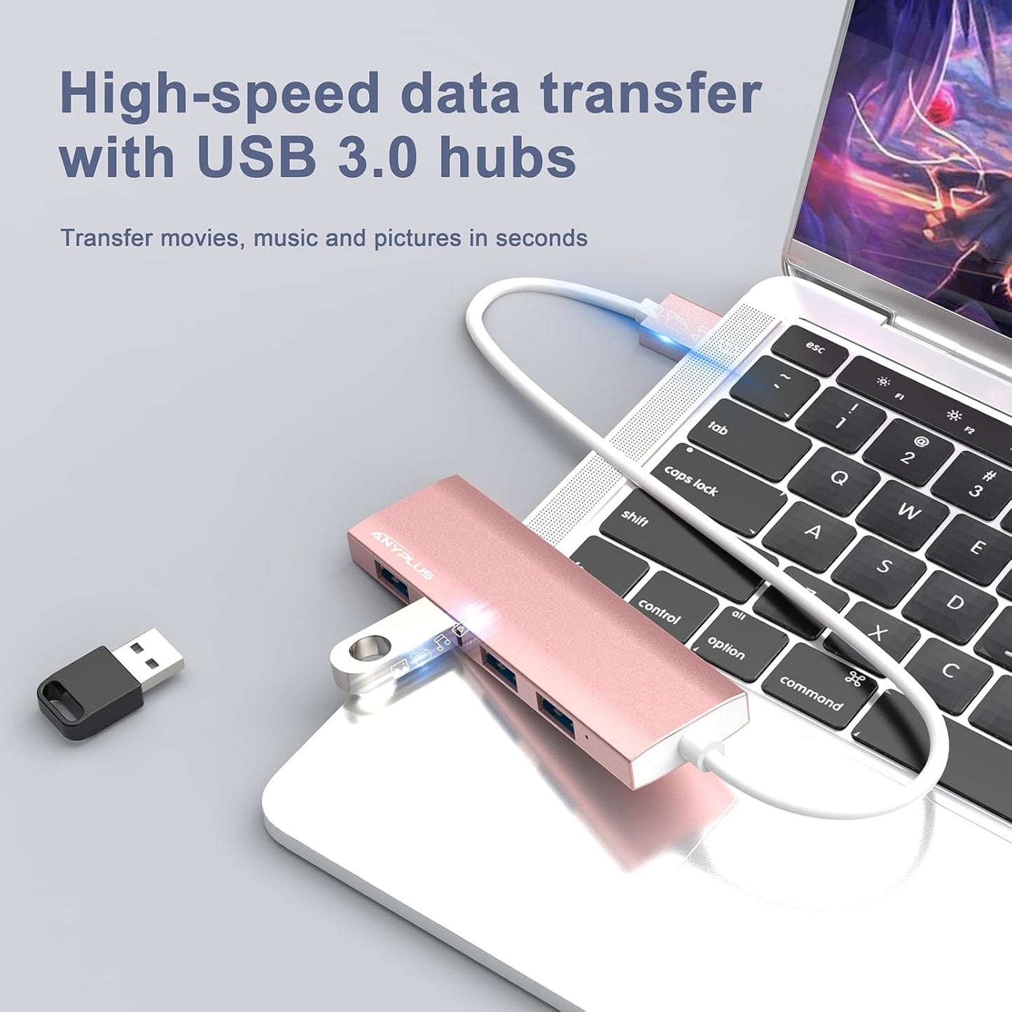 USB Hub, USB 3.0 Hub Aluminum Alloy Ultra Slim USB Splitter, Portable 4 Port USB Extender, USB Hub for Laptop, PC, MacBook, iMac, Surface Pro, Mac Pro, Flash Drive, XPS 【Pink】