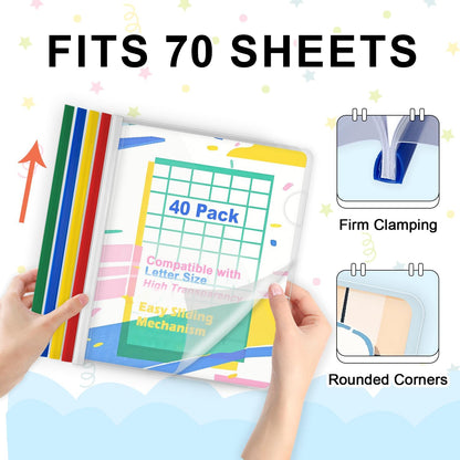 TOTiyea 40 Pack Clear Report Covers with Sliding Bars, 9mm (70 Sheet Capacity) Colorful Sliding Bar File Folders, for Letter Size