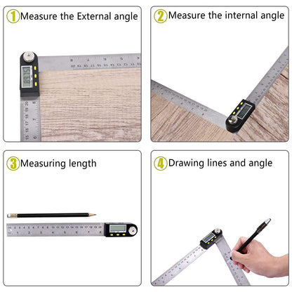 Delgada 8 inch/200mm Digital Angle Finder Ruler - Stainless Steel Protractor for Woodworking and Construction - Battery Included