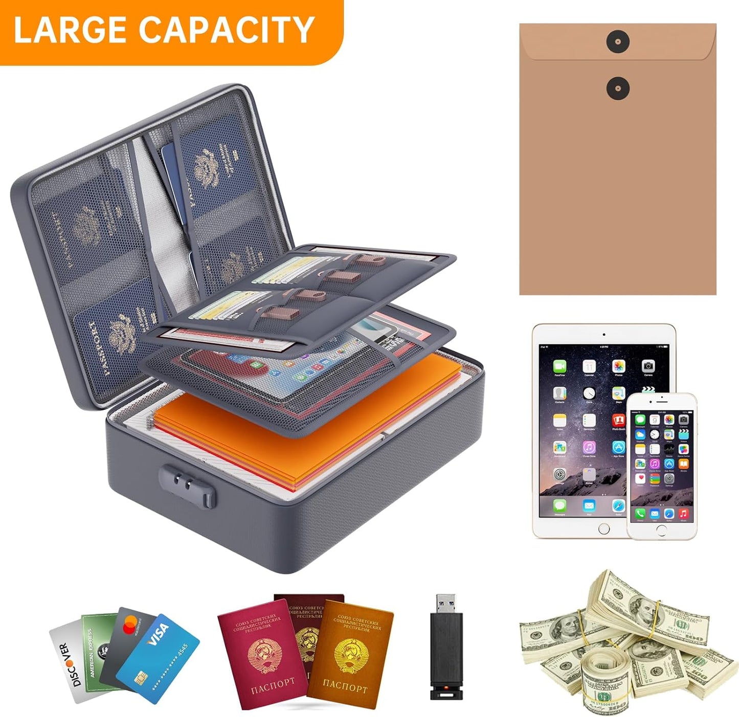 DocSafe 5200°F Document Organizer with Lock,Upgraded Heat Insulated Fireproof＆Waterproof Box 8 Layers File Organizer,Portable Home Travel Safe Storage for Important Documents, Files,Gray (Soft)