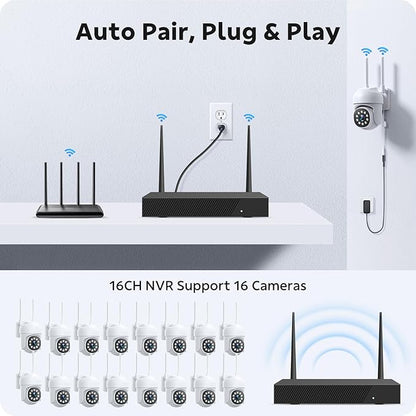 CAMCAMP 16 Channel Security Camera System Wireless Cameras for Home Security, Pan & Tilt 360° View, Auto Human Tracking, 4K NVR w/ 500GB, Two-Way Audio, 3 Night Vision, CCTV Surveillance Kit(16, CAM)