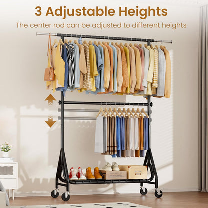 Heavy Duty Clothes Rack for Hanging Clothes, Double Rods Clothing Rack with Lockable Wheels, Rolling Garment Racks with Shelf, Easy to Assemble, Black