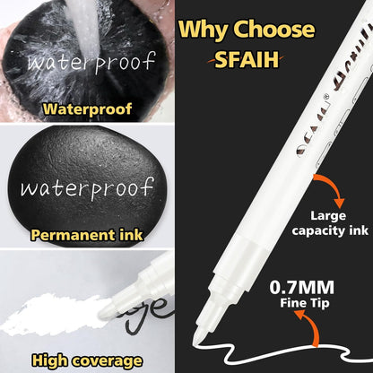SFAIH White Paint Markers Pens - 4 Pack 0.7MM Fine Tip Acrylic White Permanent Markers for Adding Highlights on Rocks, Black Paper Sketching, DIY Canvas Art Details