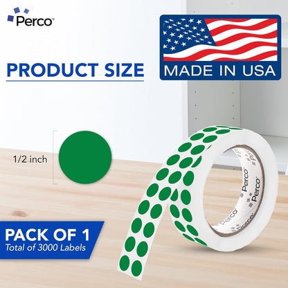 Perco Green 1/2-Inch Round Circle Dot Sticker Labels with Easy Peel Perforation - 3,000 Labels per Roll - Strong Adhesion, Vibrant Colors for Organizing, Crafting & More - Made in USA